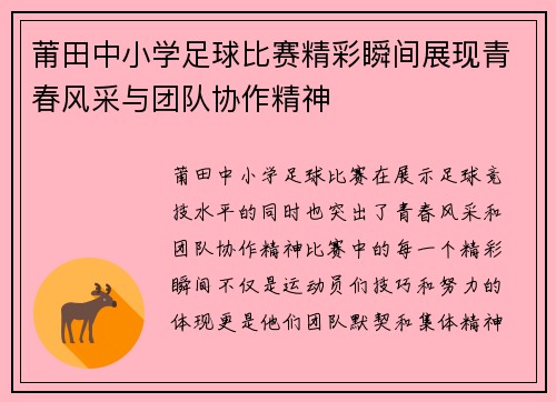 莆田中小学足球比赛精彩瞬间展现青春风采与团队协作精神