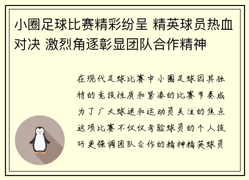 小圈足球比赛精彩纷呈 精英球员热血对决 激烈角逐彰显团队合作精神