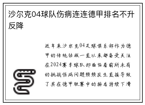 沙尔克04球队伤病连连德甲排名不升反降