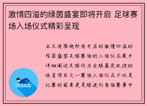 激情四溢的绿茵盛宴即将开启 足球赛场入场仪式精彩呈现
