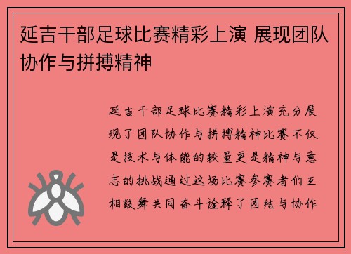 延吉干部足球比赛精彩上演 展现团队协作与拼搏精神
