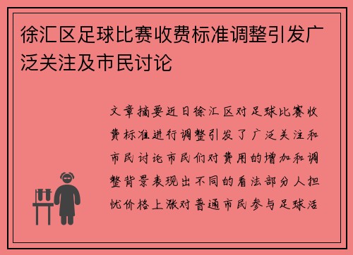 徐汇区足球比赛收费标准调整引发广泛关注及市民讨论