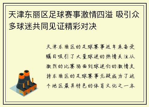 天津东丽区足球赛事激情四溢 吸引众多球迷共同见证精彩对决