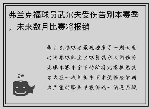 弗兰克福球员武尔夫受伤告别本赛季，未来数月比赛将报销