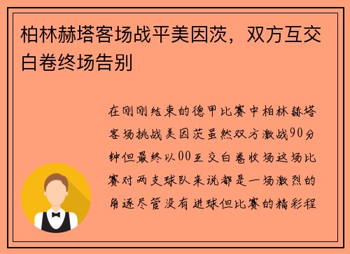 柏林赫塔客场战平美因茨，双方互交白卷终场告别