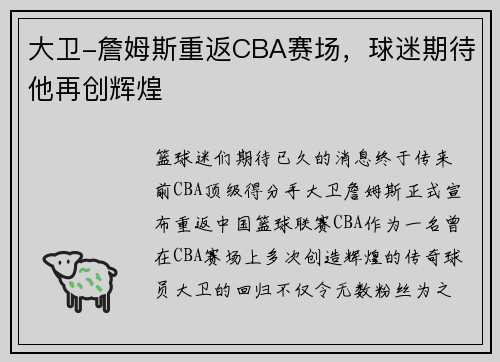 大卫-詹姆斯重返CBA赛场，球迷期待他再创辉煌