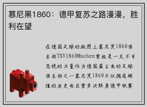 慕尼黑1860：德甲复苏之路漫漫，胜利在望