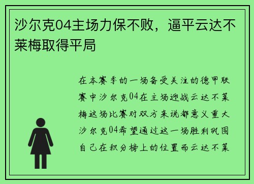 沙尔克04主场力保不败，逼平云达不莱梅取得平局