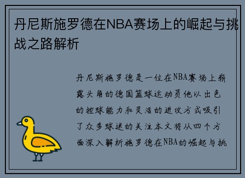 丹尼斯施罗德在NBA赛场上的崛起与挑战之路解析