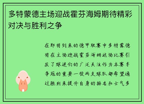 多特蒙德主场迎战霍芬海姆期待精彩对决与胜利之争