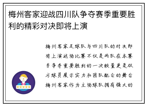 梅州客家迎战四川队争夺赛季重要胜利的精彩对决即将上演