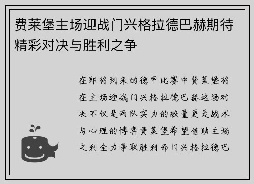 费莱堡主场迎战门兴格拉德巴赫期待精彩对决与胜利之争