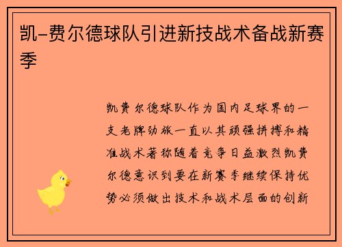 凯-费尔德球队引进新技战术备战新赛季