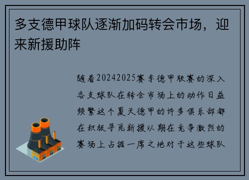 多支德甲球队逐渐加码转会市场，迎来新援助阵