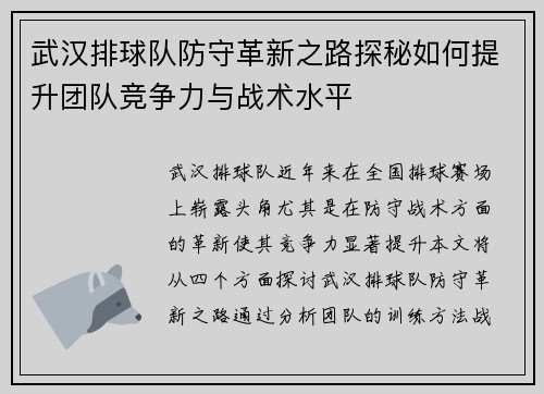 武汉排球队防守革新之路探秘如何提升团队竞争力与战术水平