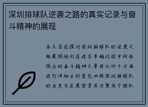 深圳排球队逆袭之路的真实记录与奋斗精神的展现