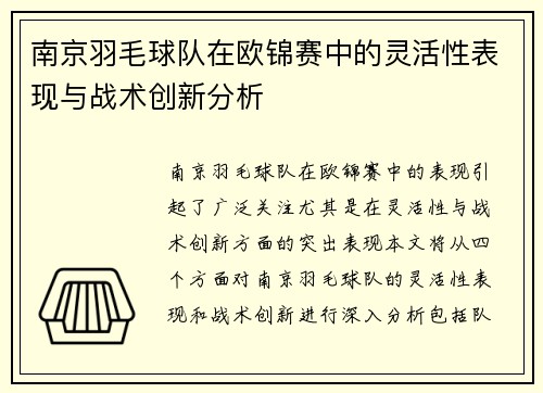 南京羽毛球队在欧锦赛中的灵活性表现与战术创新分析