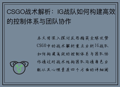 CSGO战术解析：IG战队如何构建高效的控制体系与团队协作