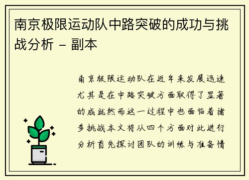 南京极限运动队中路突破的成功与挑战分析 - 副本