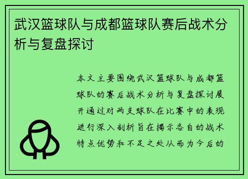 武汉篮球队与成都篮球队赛后战术分析与复盘探讨