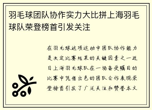 羽毛球团队协作实力大比拼上海羽毛球队荣登榜首引发关注